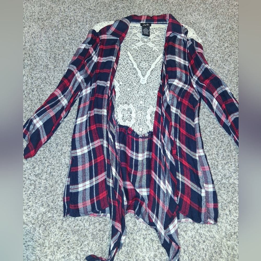 Justify Red and Blue Plaid Blouse with Lace Detail